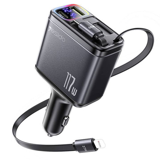 Φορτιστής Αυτοκινήτου με Καλώδιο USB-C / Lightning Yesido Y63 Display, 117W, 3A, 1 x USB-A - 1 x USB-C, Γκρι