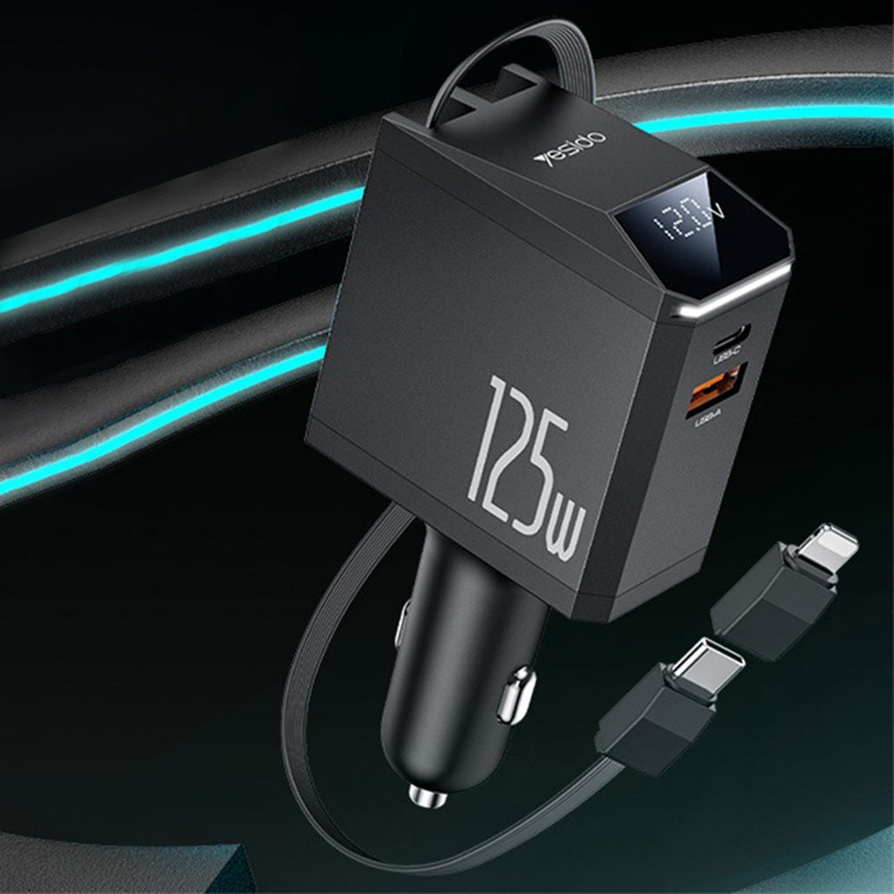 Φορτιστής Αυτοκινήτου με Καλώδιο USB-C / Lightning Yesido Y71 Display, 125W, 3A, 1 x USB-A - 1 x USB-C, Μαύρο