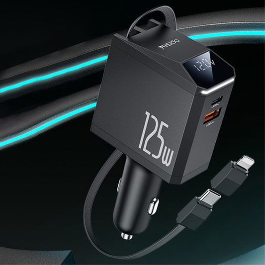 Φορτιστής Αυτοκινήτου με Καλώδιο USB-C / Lightning Yesido Y71 Display, 125W, 3A, 1 x USB-A - 1 x USB-C, Μαύρο