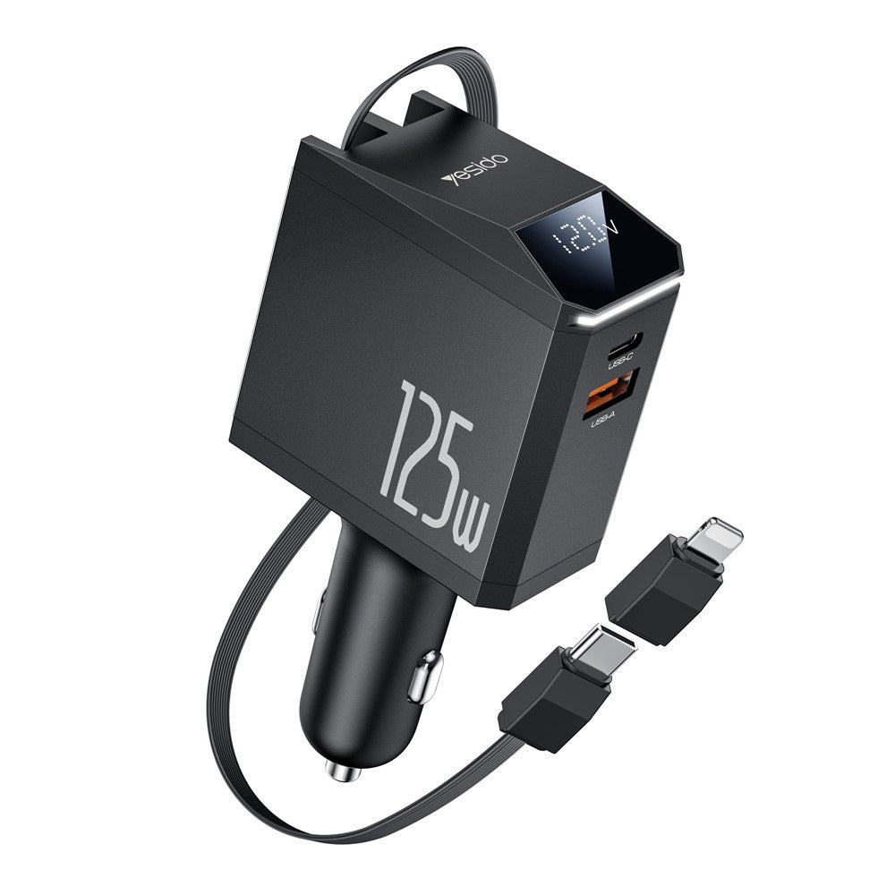 Φορτιστής Αυτοκινήτου με Καλώδιο USB-C / Lightning Yesido Y71 Display, 125W, 3A, 1 x USB-A - 1 x USB-C, Μαύρο