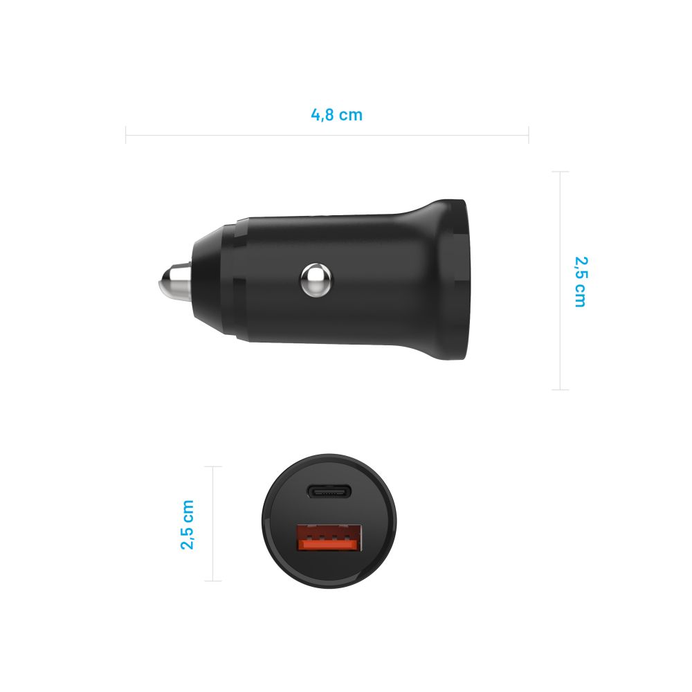 Fixed Auto Charger, 20W, 3A, 1 x USB-A - 1 x USB-C, Black