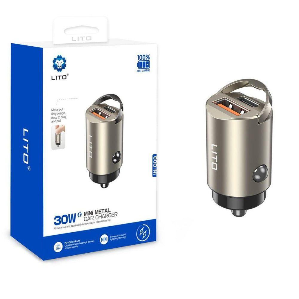 Lito IN-C03 Car Charger, 30W, 3A, 1 x USB-A - 1 x USB-C, Grey