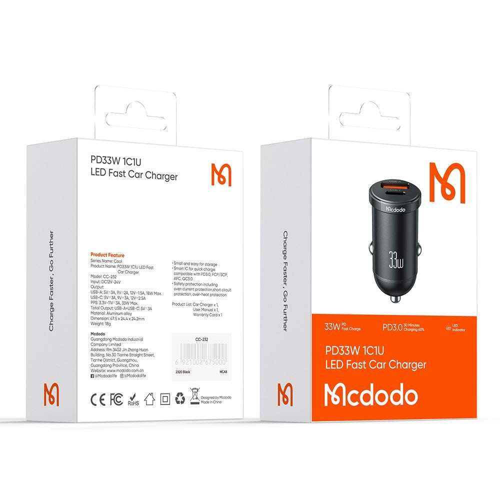 McDodo CC-2320 Cool Car Charger, 33W, 3A, 1 x USB-A - 1 x USB-C, Black