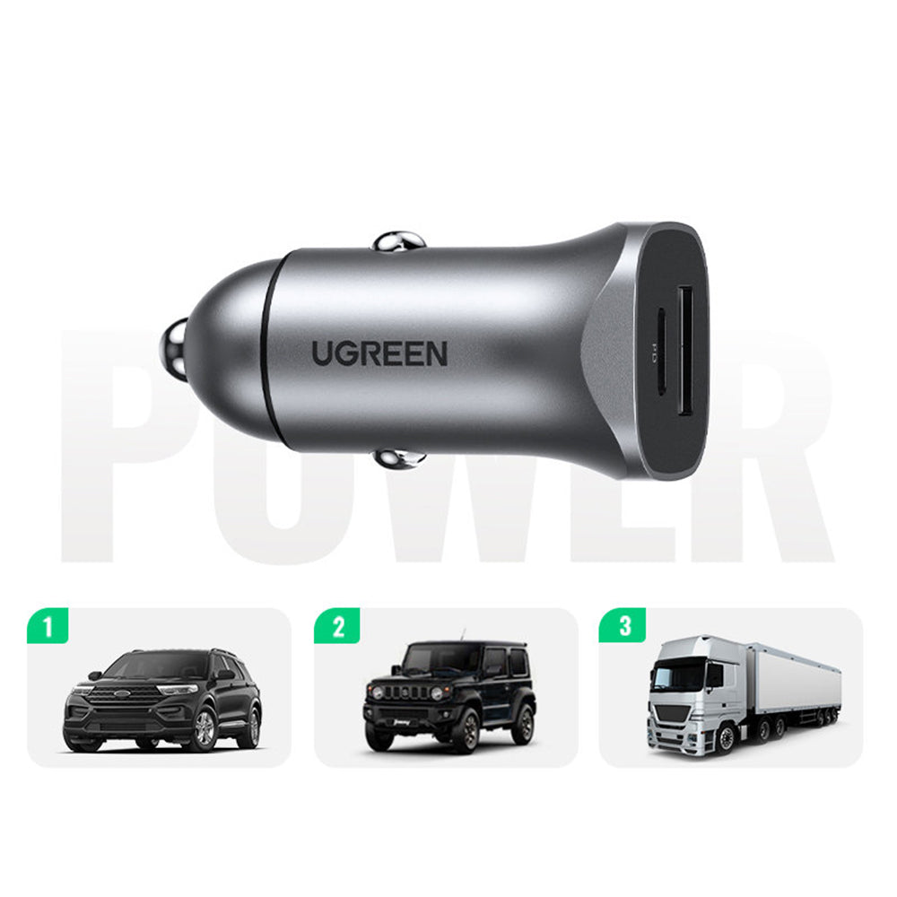 UGREEN CD130 Car Charger, 24W, 3A, 1 x USB-A - 1 x USB-C, Gray