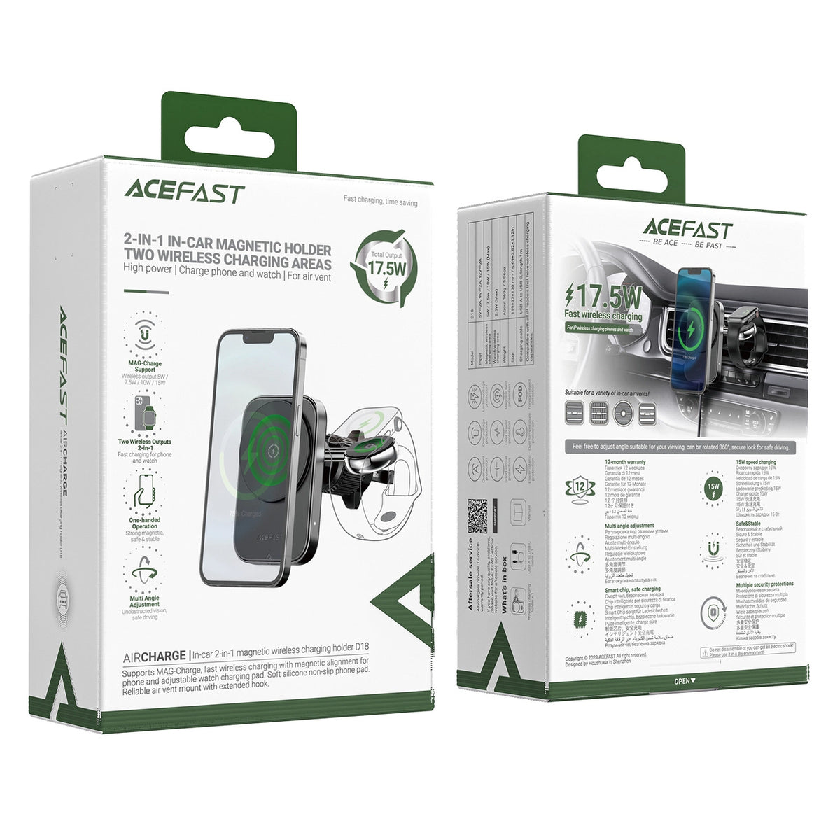 Acefast D18 2in1 Wireless Car Charger, 15W, 1.67A, Black