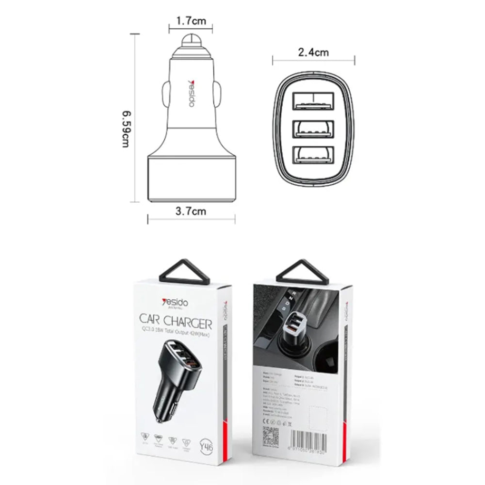 Yesido Y46 Car Charger, 42W, 3A, 3 x USB-A, Black