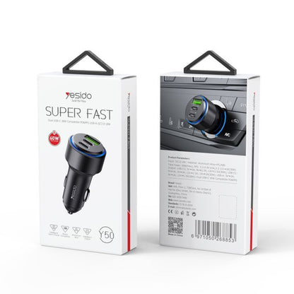 Φορτιστής Αυτοκινήτου Yesido Y50, 60W, 3A, 1 x USB-A - 2 x USB-C, Μαύρο