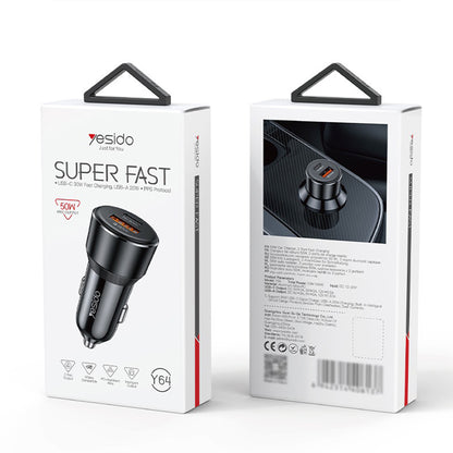 Φορτιστής Αυτοκινήτου Yesido Y64, 50W, 3A, 1 x USB-A - 1 x USB-C, Μαύρο