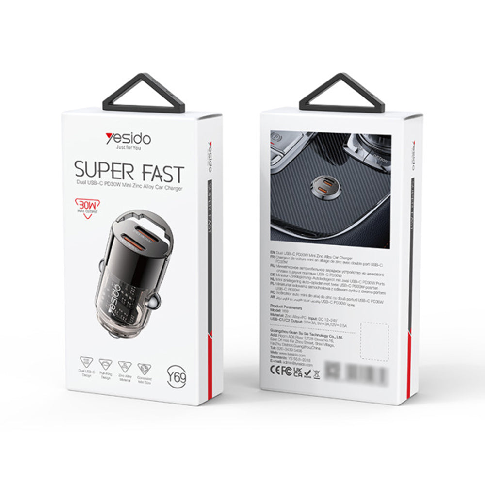 Φορτιστής Αυτοκινήτου Yesido Y69, 30W, 3A, 2 x USB-C, Μαύρο