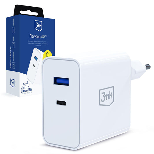 Φορτιστής Δικτύου 3MK FlowPower, 45W, 1 x USB-A - 1 x USB-C, Λευκό