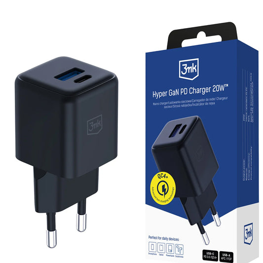 Φορτιστής Δικτύου 3MK Hyper, 20W, 3A, 1 x USB-A - 1 x USB-C, Μαύρο