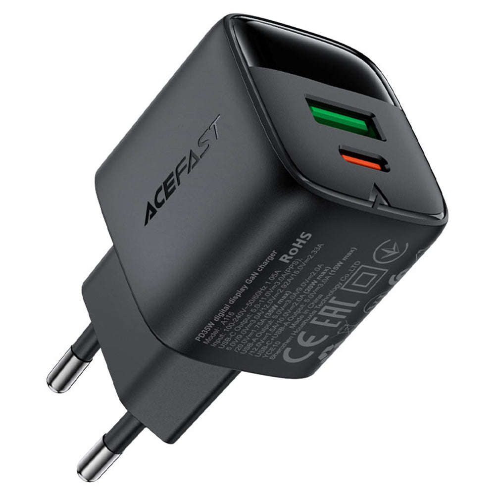 Φορτιστής Δικτύου Acefast A116 Display, 35W, 3A, 1 x USB-A - 1 x USB-C, Μαύρο