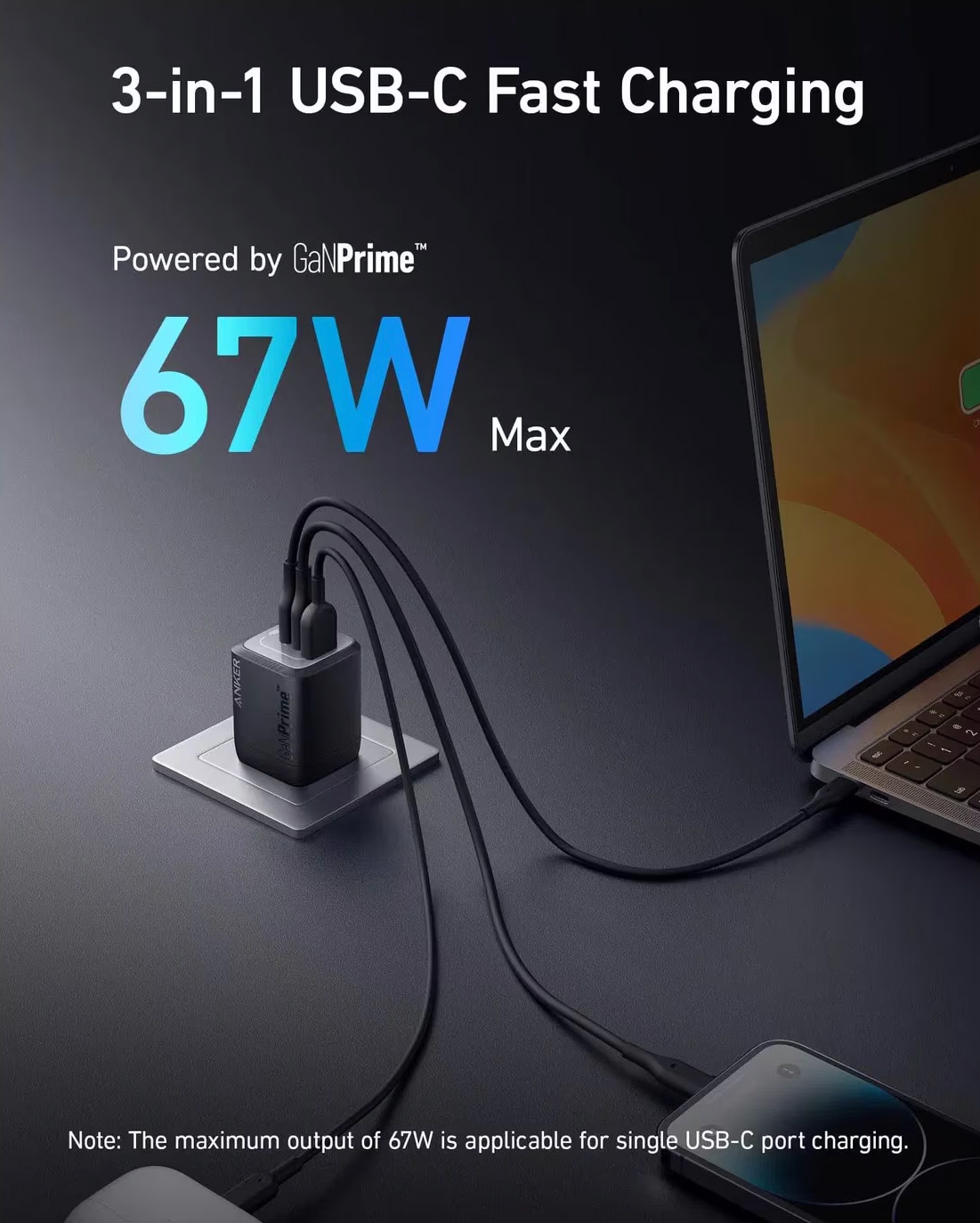 Anker Prime Wall Charger, 67W, 5A, 1 x USB-A - 2 x USB-C, Black, Resealed A2669313