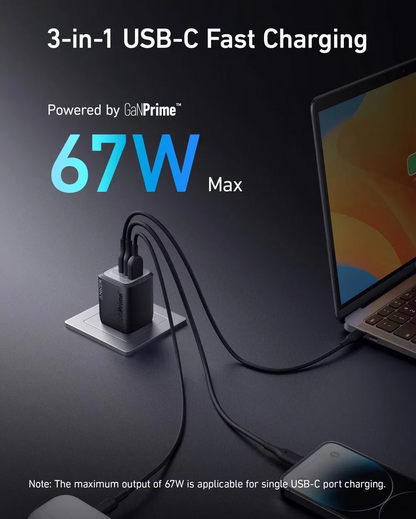 Anker Prime Wall Charger, 67W, 5A, 1 x USB-A - 2 x USB-C, Black, Resealed A2669313