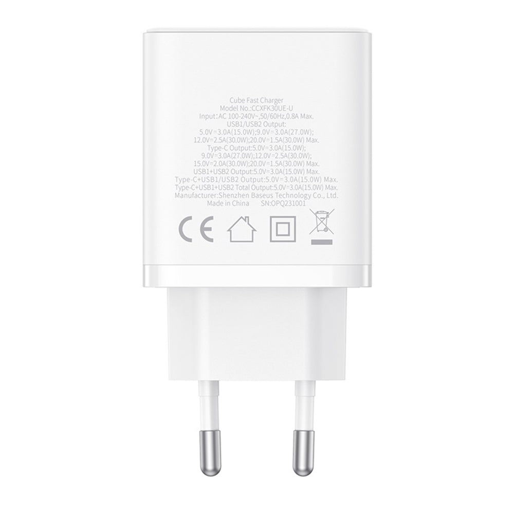 Φορτιστής Δικτύου Baseus Cube, 30W, 3A, 2 x USB-A - 1 x USB-C, Λευκό P10111402213-00