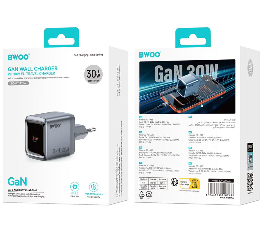 Φορτιστής Δικτύου BWOO BO-CDA236, 30W, 3A, 1 x USB-C, Γκρι