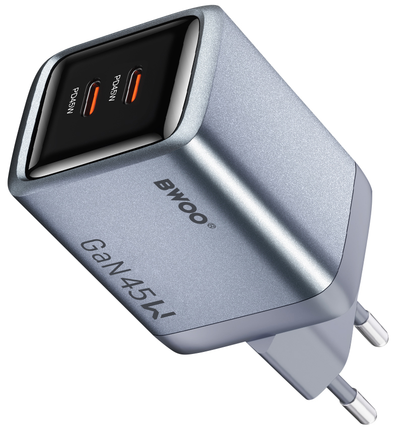 Φορτιστής Δικτύου BWOO BO-CDA239, 45W, 3A, 2 x USB-C, Γκρι