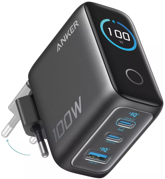 Φορτιστής Δικτύου με Καλώδιο USB-C Anker Smart Display, 100W, 5A, 1 x USB-A - 2 x USB-C, Γκρι B121BGZ1