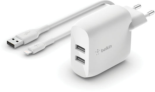 Φορτιστής Δικτύου με Καλώδιο USB-C Belkin BoostCharge Dual, 24W, 2.4A, 2 x USB-A, Λευκό WCE001vf1MWH