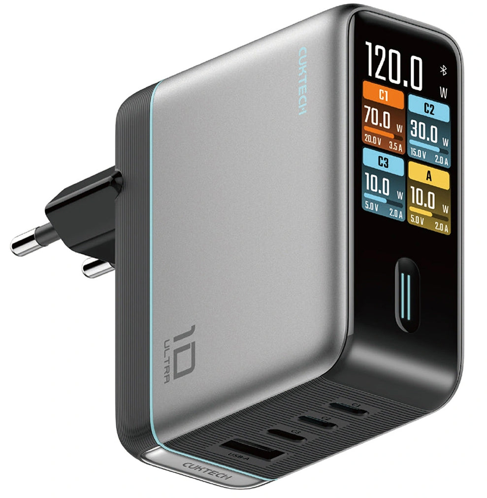 Φορτιστής Δικτύου με Καλώδιο USB-C Cuktech AD1204U Display, 120W, 6A, 1 x USB-A - 2 x USB-C, Ασημί CAD1204UEUGR