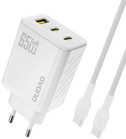 Φορτιστής Δικτύου με Καλώδιο USB-C Dudao A29C, 65W, 3.25A, 1 x USB-A - 2 x USB-C, Λευκό