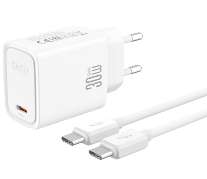 XO Design CE53 Mains Charger with USB-C Cable, 30W, 3A, 1 x USB-C, White