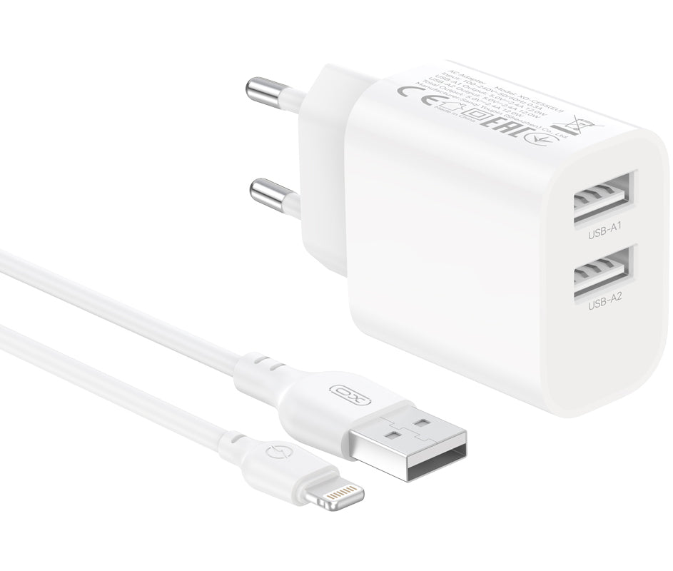 Φορτιστής πρίζας με καλώδιο Lightning XO Design CE55, 12 W, 2,4 A, 2 x USB-A, Λευκός
