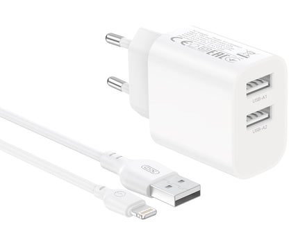 Φορτιστής πρίζας με καλώδιο Lightning XO Design CE55, 12 W, 2,4 A, 2 x USB-A, Λευκός