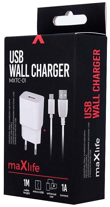 Φορτιστής Δικτύου με Καλώδιο microUSB MaXlife MXTC-01, 5W, 1A, 1 x USB-A, Λευκό