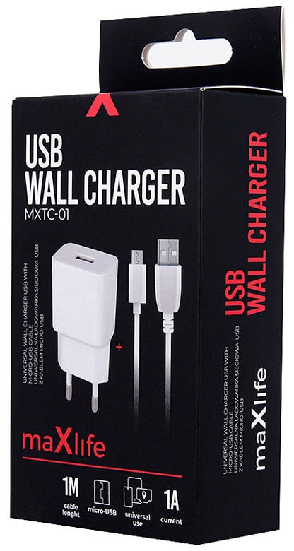 Φορτιστής Δικτύου με Καλώδιο microUSB MaXlife MXTC-01, 5W, 1A, 1 x USB-A, Λευκό