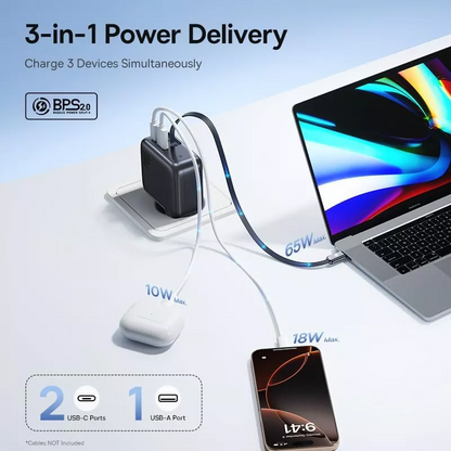 Baseus EnerCore CJ11 Network Charger with USB-C Cable, 100W, 1 x USB-A - 2 x USB-C, Black E0120M00