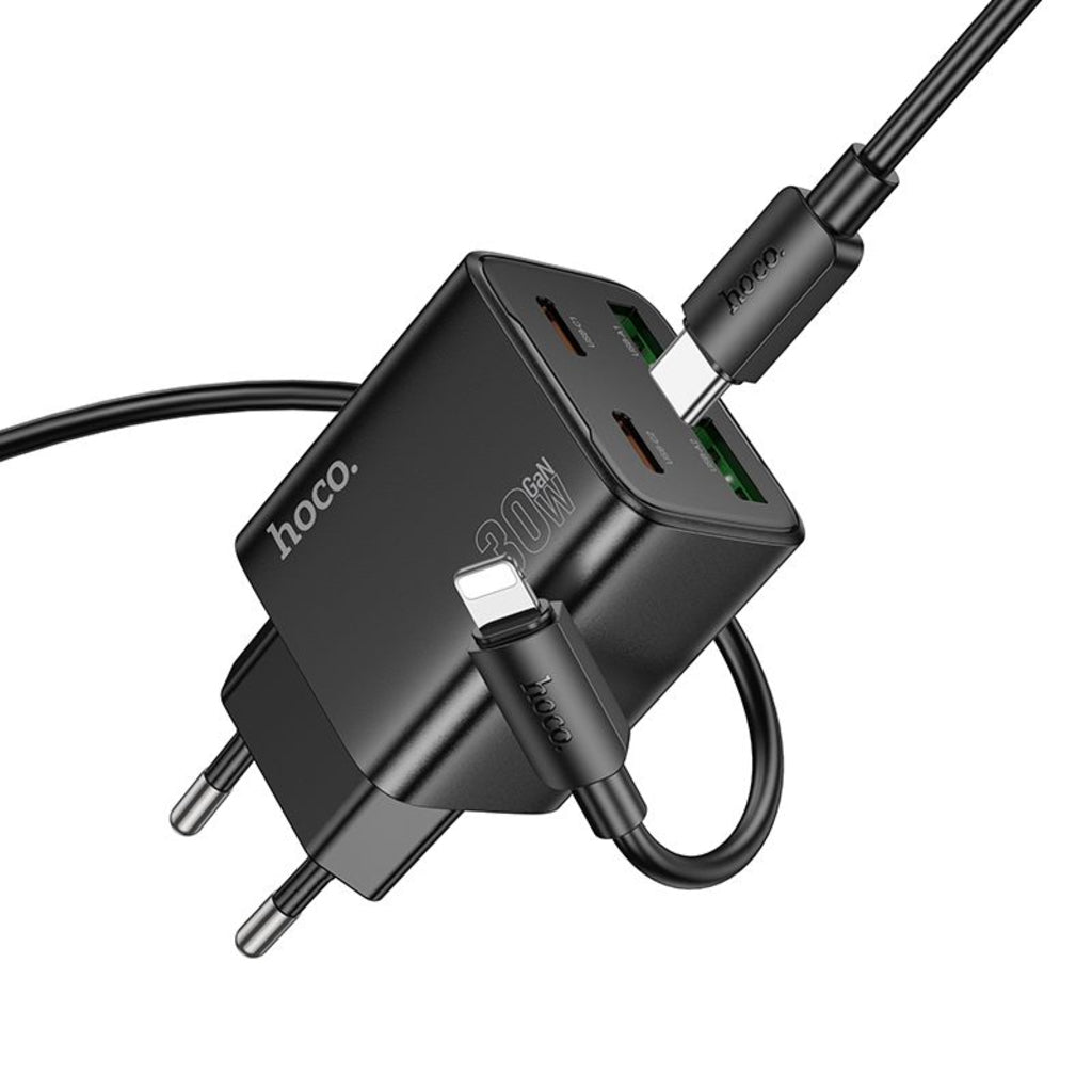 HOCO N56 Network Charger with Lightning Cable, 30W, 3A, 2 x USB-A - 2 x USB-C, Black
