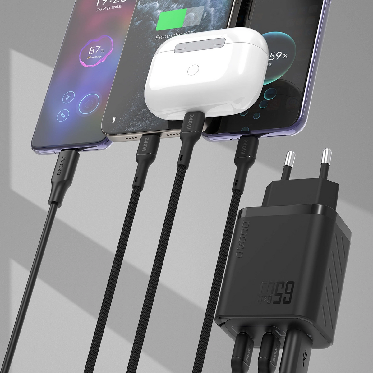 Φορτιστής Δικτύου με Καλώδιο USB-C Dudao A29C, 65W, 3.25A, 1 x USB-A - 2 x USB-C, Μαύρο