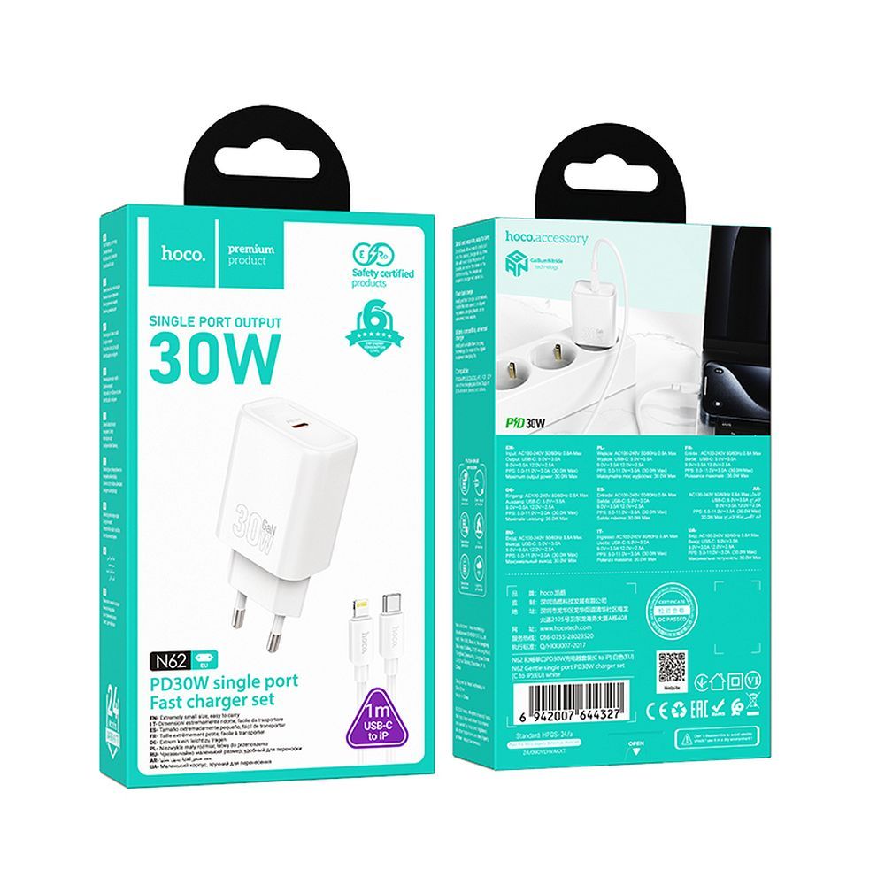 Network Charger with Lightning Cable HOCO N62, 30W, 3A, 1 x USB-C, White