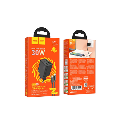 Network Charger with USB-C Cable HOCO N56, 30W, 3A, 2 x USB-A - 2 x USB-C, Black