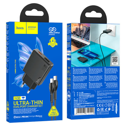 Network Charger with Lightning Cable HOCO N38, 20W, 3A, 1 x USB-A - 1 x USB-C, Black