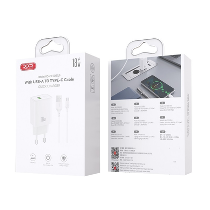XO Design CE50 Wall Charger with USB-C Cable, 18W, 3A, 1 x USB-A, White