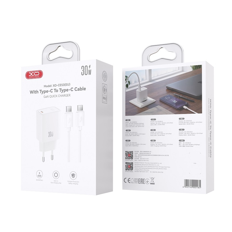 XO Design CE53 Mains Charger with USB-C Cable, 30W, 3A, 1 x USB-C, White