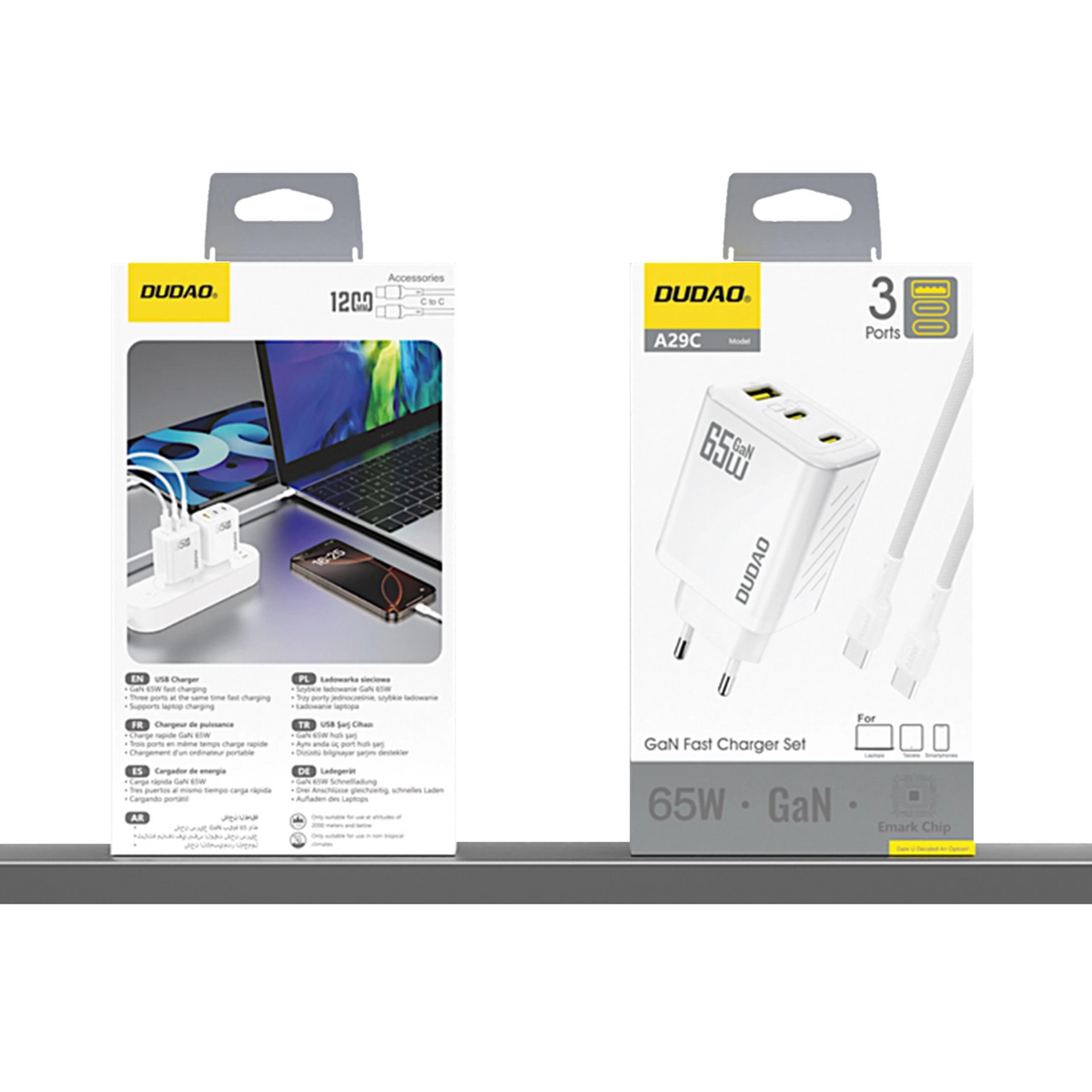 Φορτιστής Δικτύου με Καλώδιο USB-C Dudao A29C, 65W, 3.25A, 1 x USB-A - 2 x USB-C, Λευκό
