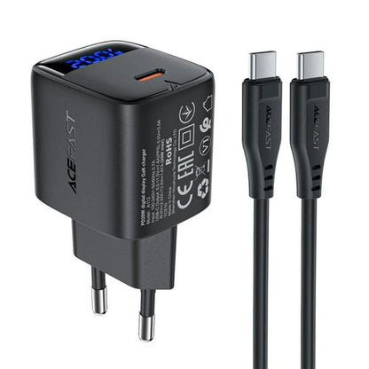 Acefast A113 USB-C Network Charger with Display, 20W, 3A, 1 x USB-C, Black
