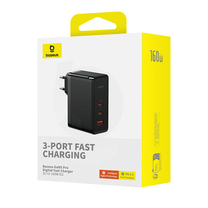 Φορτιστής Δικτύου με Καλώδιο USB-C Baseus GaN5 Pro, 160W, 5A, 1 x USB-A - 2 x USB-C, Μαύρο P10110825113-00