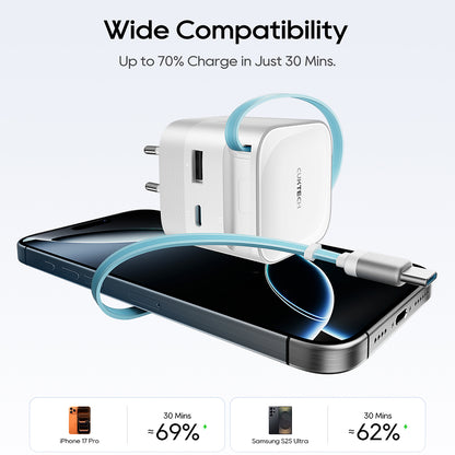 Φορτιστής Δικτύου με Καλώδιο USB-C Cuktech, 67W, 3.25A, 1 x USB-A - 1 x USB-C, Λευκός CUKA653WEUWT