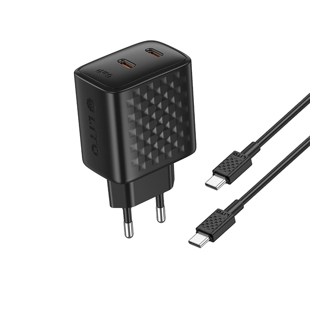 Network Charger with USB-C Cable Lito LC22T, 45W, 3A, 2 x USB-C, Black