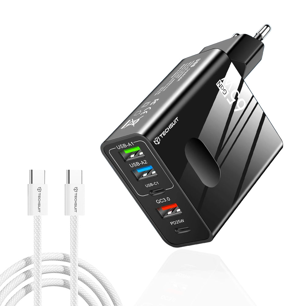 Φορτιστής Δικτύου με Καλώδιο USB-C Techsuit CHC1 PentaXPower, 25W, 3A, 3 x USB-A - 2 x USB-C, Μαύρο