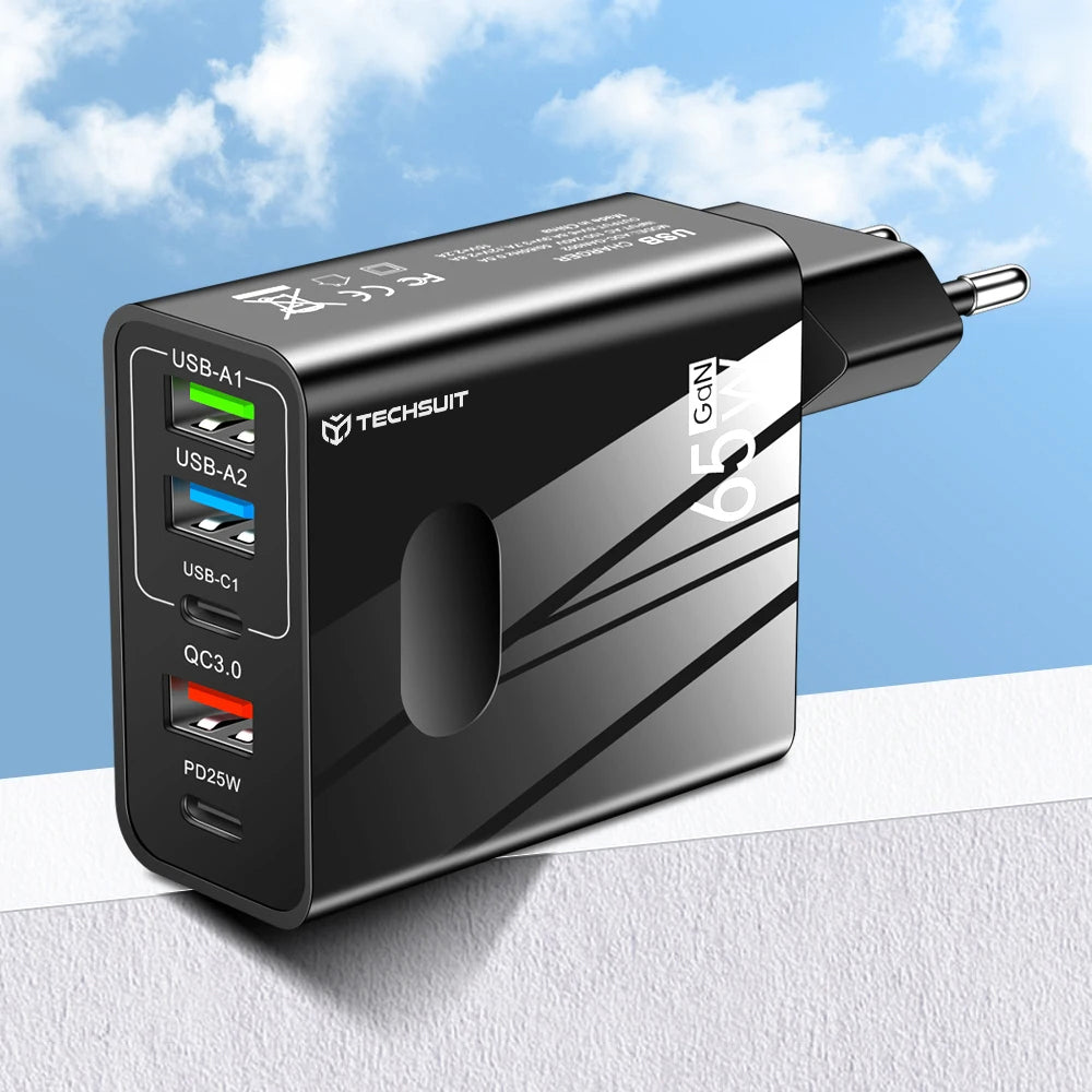 Φορτιστής Δικτύου με Καλώδιο USB-C Techsuit CHC1 PentaXPower, 25W, 3A, 3 x USB-A - 2 x USB-C, Μαύρο