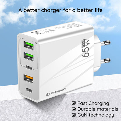 Network Charger with USB-C Cable Techsuit CHC2 PentaXPower, 20W, 3A, 3 x USB-A - 2 x USB-C, Black