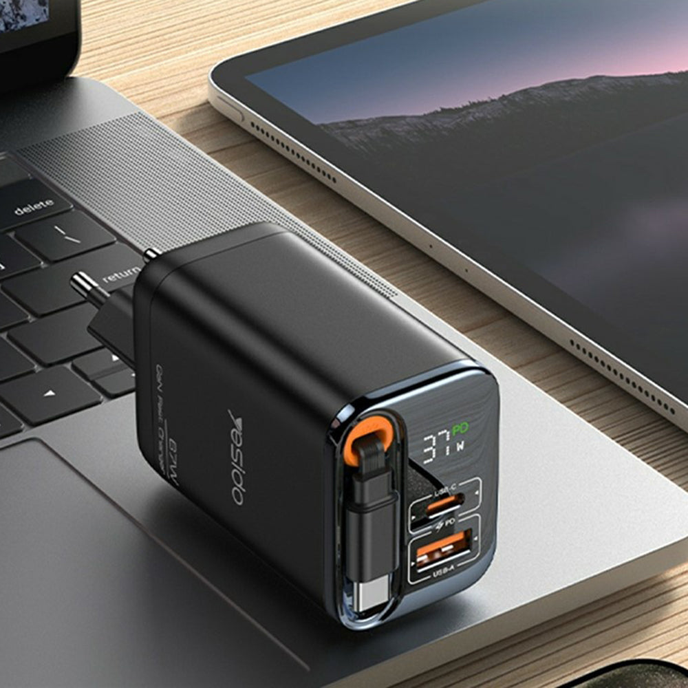 Φορτιστής Δικτύου με Καλώδιο USB-C Yesido YC100 Display, 67W, 3.35A, 1 x USB-A - 1 x USB-C, Μαύρο