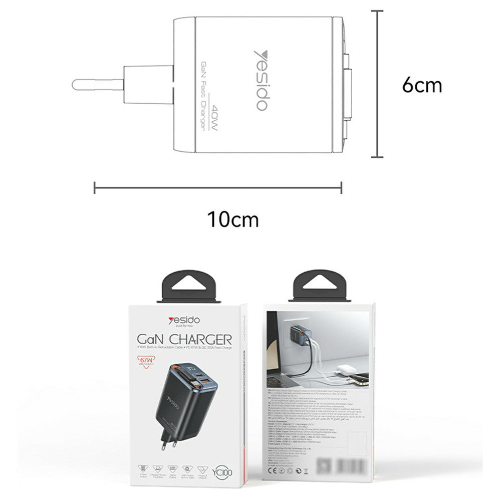 Φορτιστής Δικτύου με Καλώδιο USB-C Yesido YC100 Display, 67W, 3.35A, 1 x USB-A - 1 x USB-C, Μαύρο