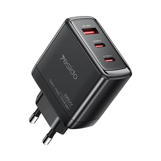 Φορτιστής Δικτύου με Καλώδιο USB-C Yesido YC144C, 65W, 3.25A, 1 x USB-A - 2 x USB-C, Μαύρο