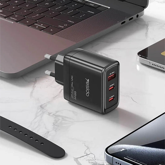 Φορτιστής Δικτύου με Καλώδιο USB-C Yesido YC144C, 65W, 3.25A, 1 x USB-A - 2 x USB-C, Μαύρο